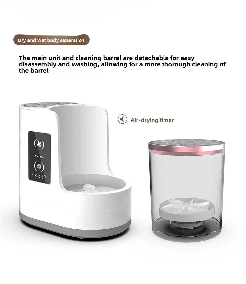 A white electric makeup brush cleaner unit and a detachable cleaning barrel with an air-drying timer.