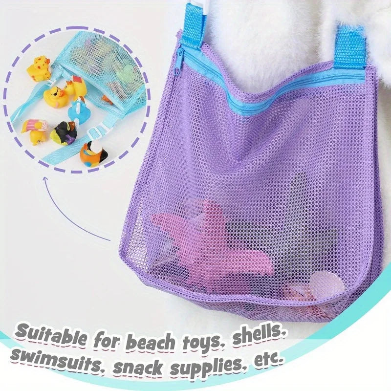 Purple mesh crossbody bag with a white fluffy trim and an inset showing various small toys