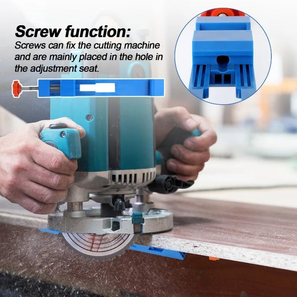 A hand is using an adjustable circular saw guide clamp, showing the screw function for fixing the machine in a hole.
