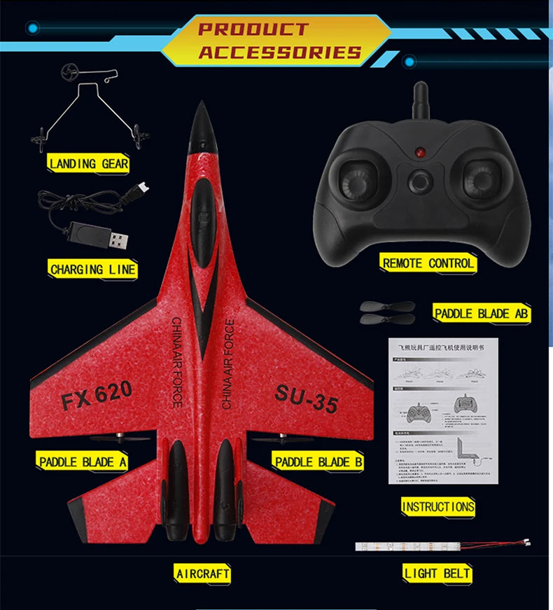 A red SU-35 foam glider aircraft with paddle blades and accessories like a remote control and charging line.