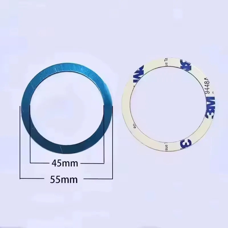 A circular, thin magnetic phone holder with a blue finish and markings for size.