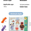A set of wooden lacing beads and threading board with various animal-themed figures for toddlers.