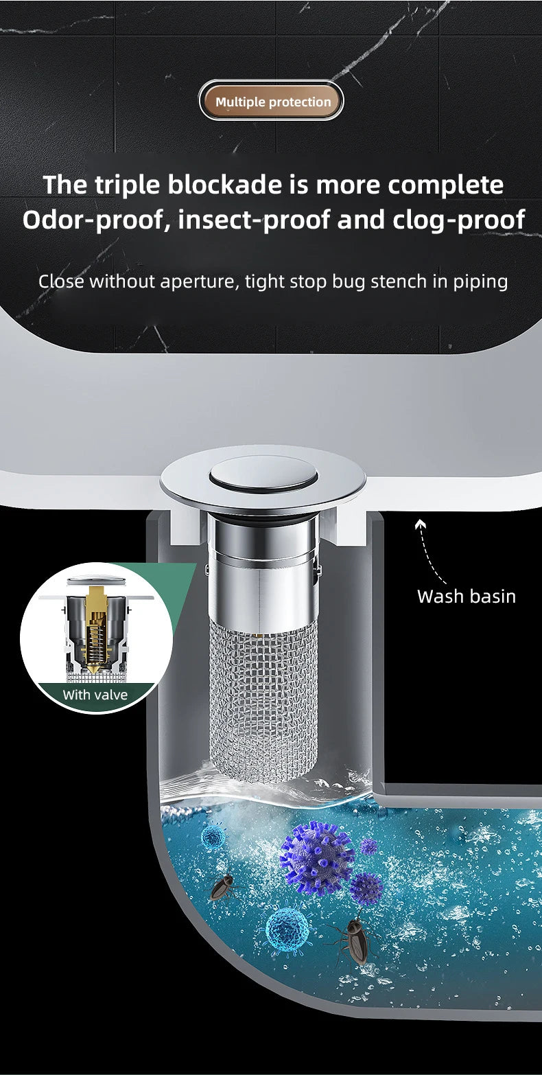 A press-type sink drain stopper with a valve is shown inside a wash basin, demonstrating its insect and clog-proof features.