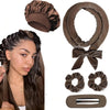 A dark brown satin heatless overnight curling headband shown on a model's hair and as separate accessories.