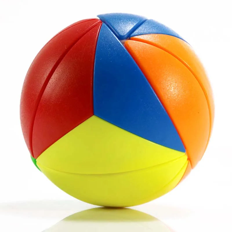 A colorful, segmented sphere puzzle ball featuring red, blue, orange, and yellow sections.