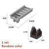 A gray marble run building blocks set with tracks and funnels shown with dimensions.