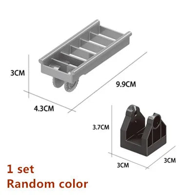 A gray marble run building blocks set with tracks and funnels shown with dimensions.