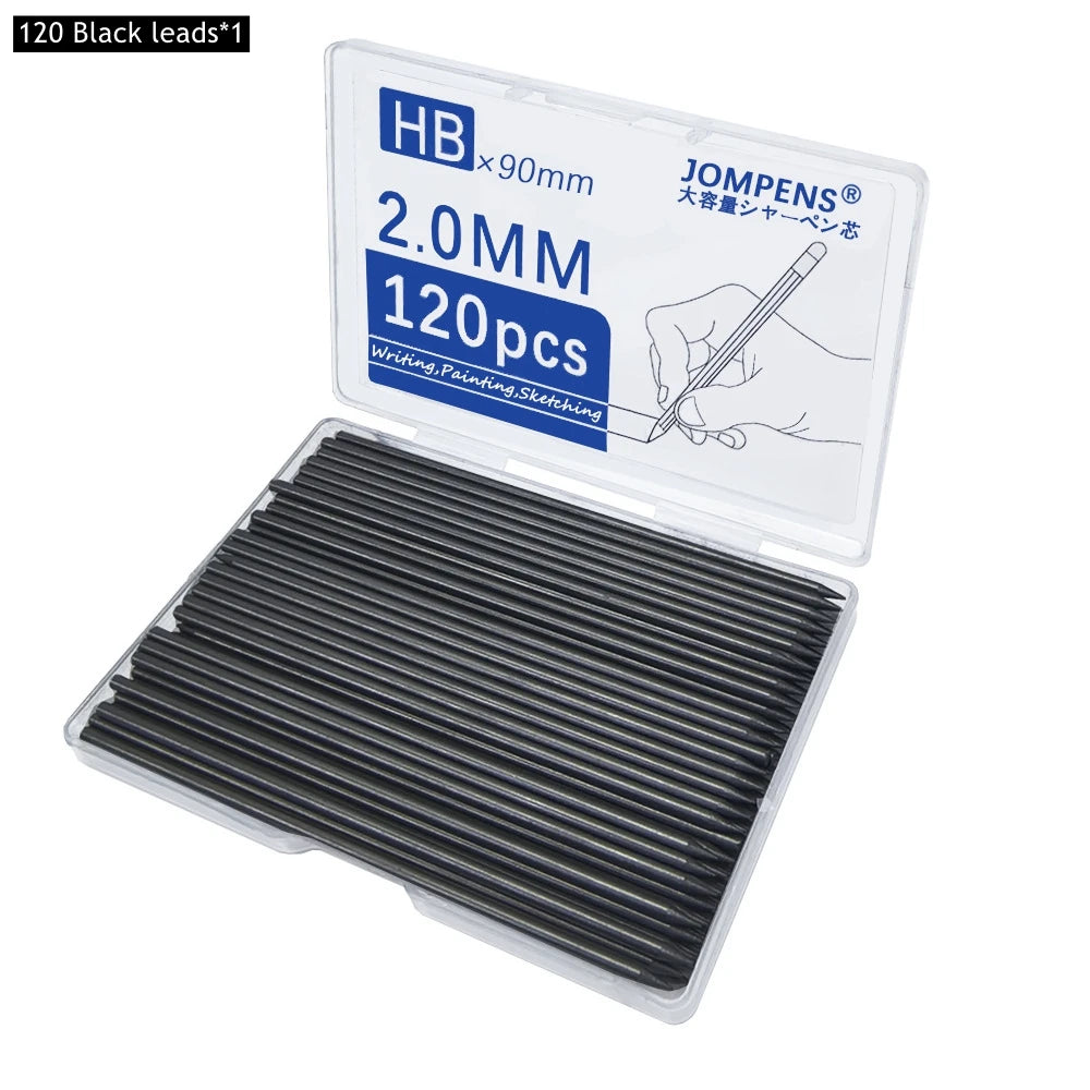 A clear plastic box containing 120 black HB lead refills for a mechanical pencil set.