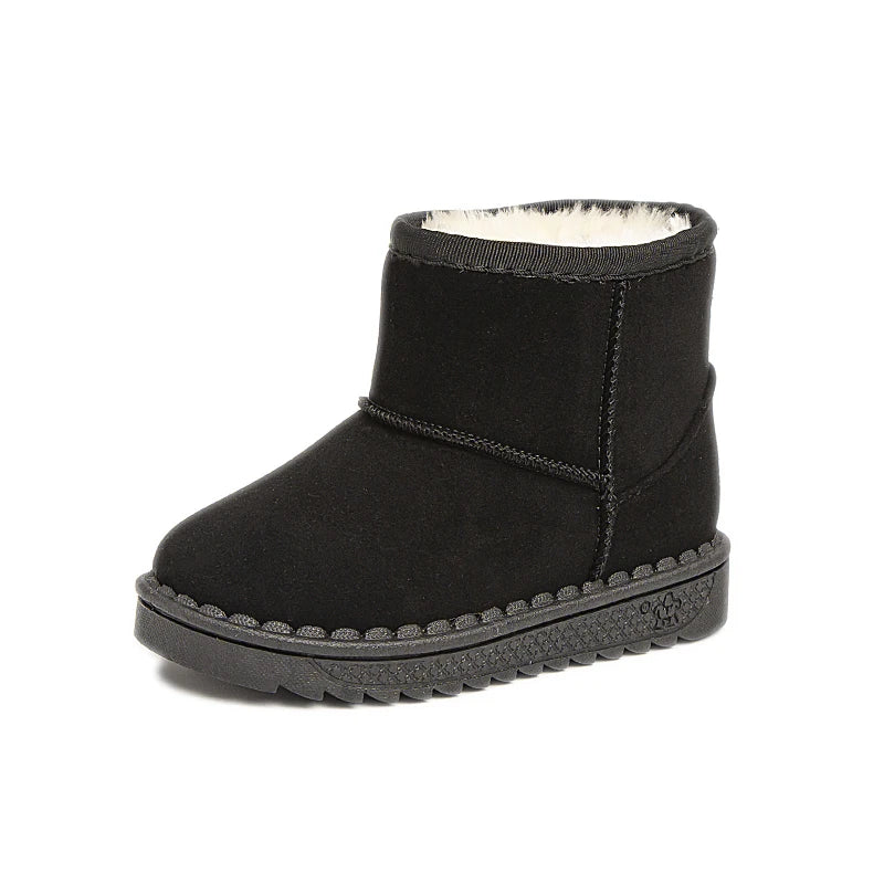 Black kids winter ankle boots with a plush white lining and rubber sole