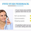 A woman wearing headphones smiles while looking at a screen, with text encouraging five-star feedback.