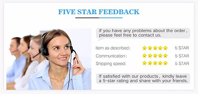 A woman wearing headphones smiles while looking at a screen, with text encouraging five-star feedback.