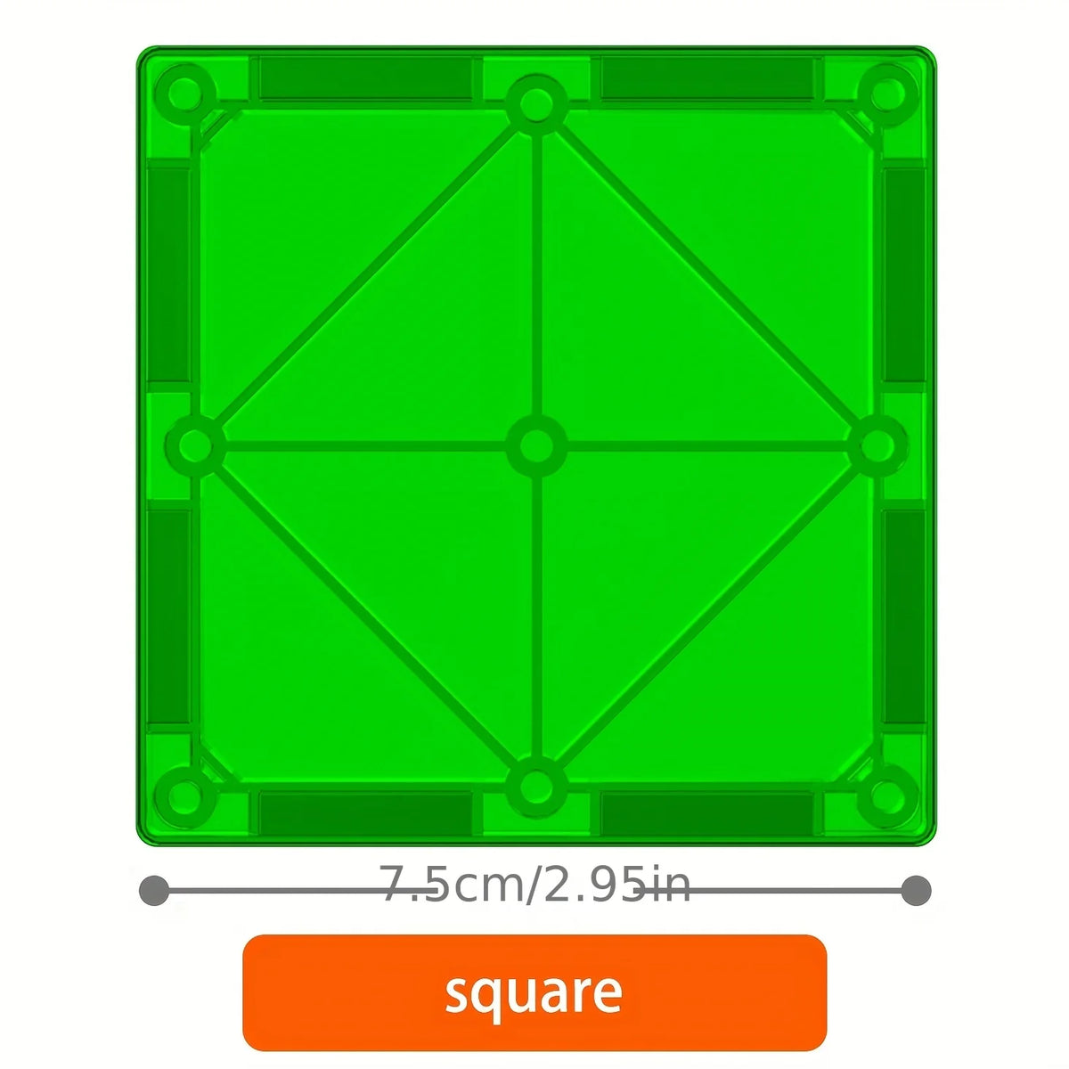 A green square magnetic building block tile with intersecting lines and connection points.