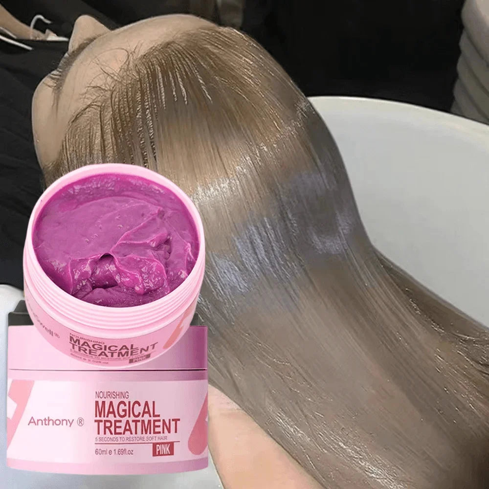 A pink jar of Anthony Magical Treatment hair mask next to a person's long, straight brown hair.
