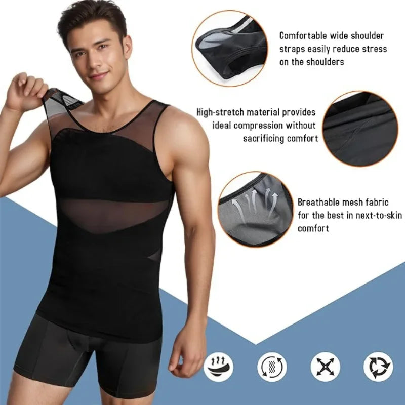 Camiseta de compresión negra para hombre con características detalladas e instrucciones de uso.