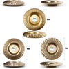 Various sizes and angles of brass or gold-colored wood carving discs for angle grinders.