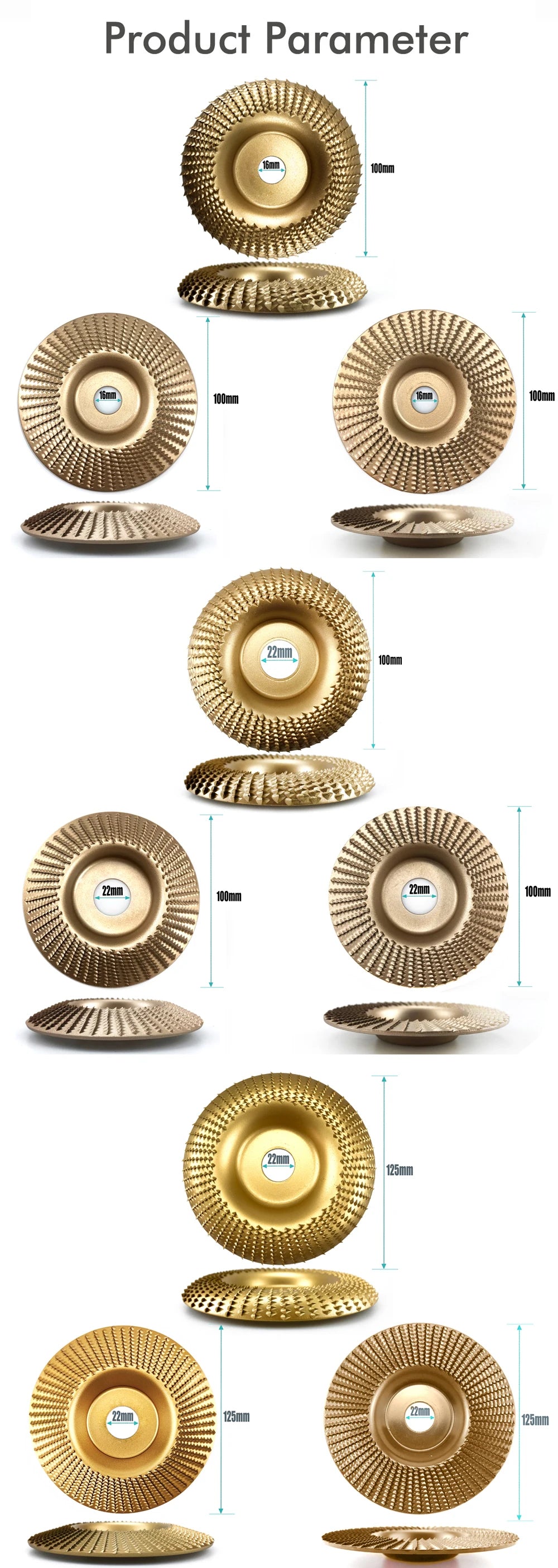 Various sizes and angles of brass or gold-colored wood carving discs for angle grinders.
