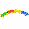 A set of large building blocks shaped like traffic vehicles and a train in red, yellow, and blue colors.