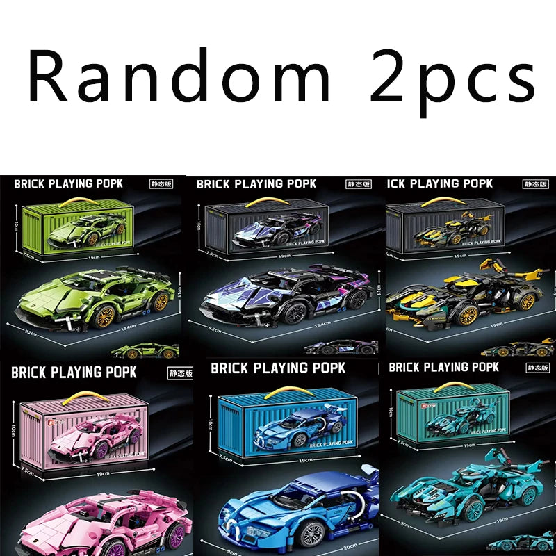 A collection of random 2-piece brick playing pop racing car models in various colors and configurations.