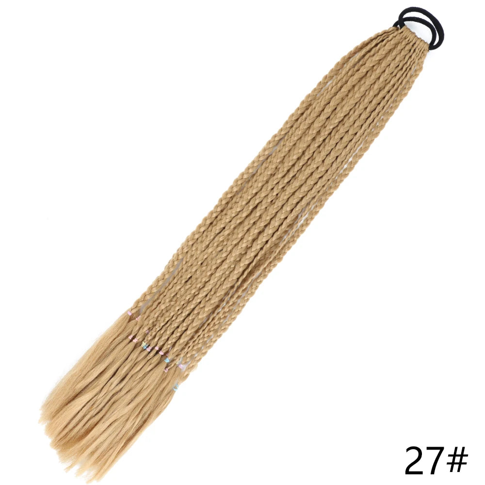 A light blonde pre-braided ponytail extension with a black elastic band.