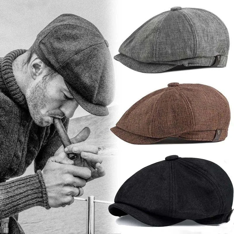 A close-up photo of a man wearing a grey newsboy cap, next to three variations of the vintage retro newsboy cap in brown, bla