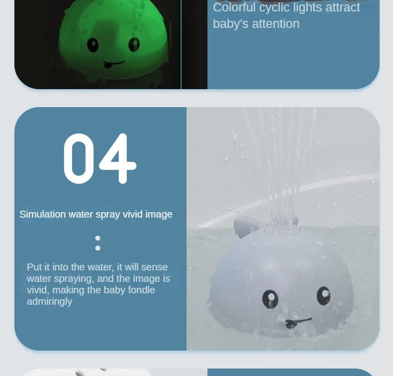 Simulation of a baby enjoying a vivid water spray image with a light-up whale toy.