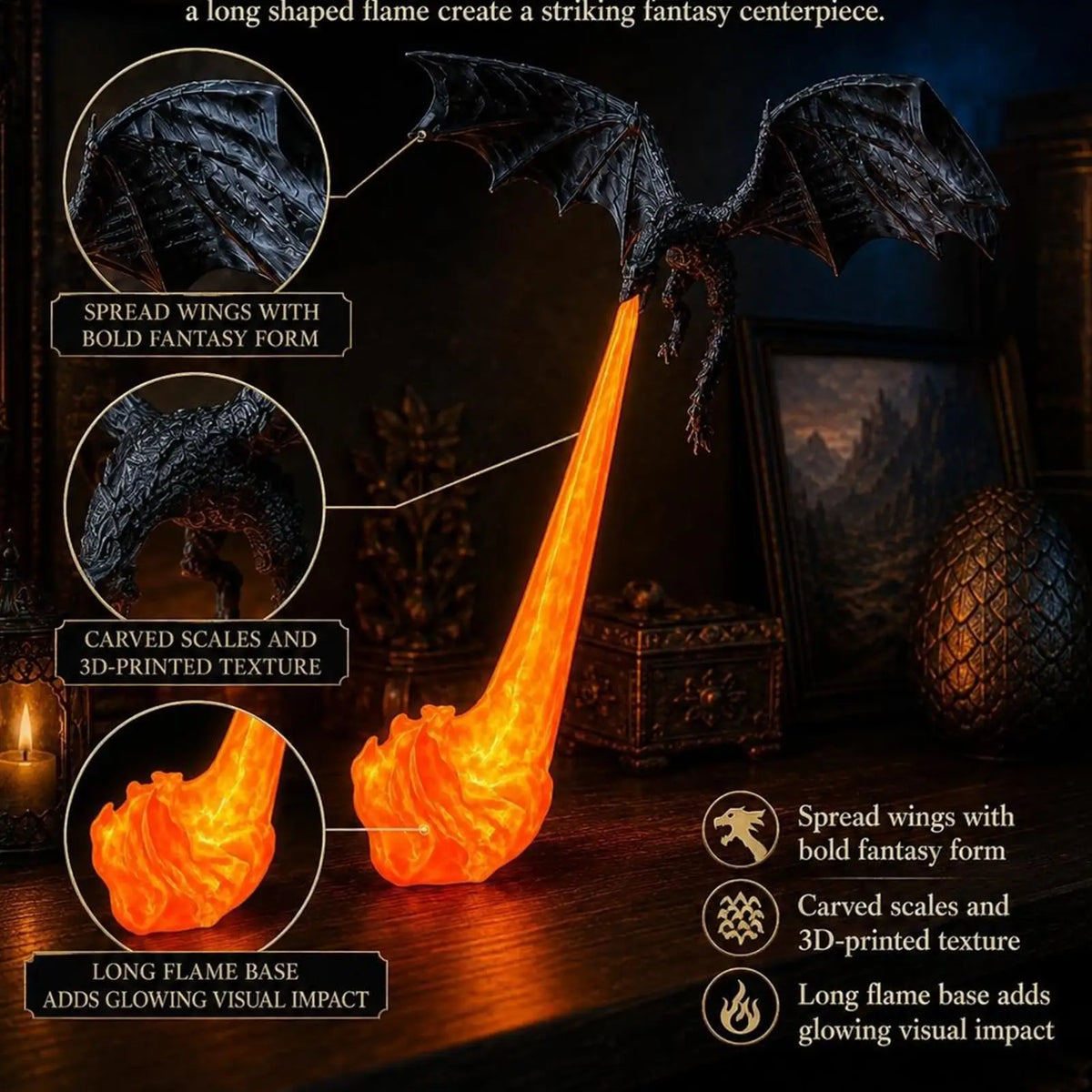 Centre de table fantaisie en forme de flamme allongée avec écailles sculptées et texture 3D, effet lumineux chaud.