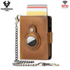 A brown leather wallet with a magnetic closure and RFID blocking feature, attached to a chain.