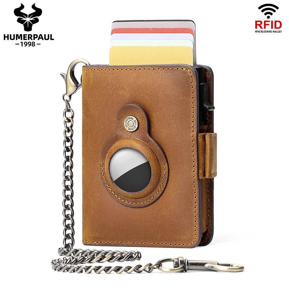 A brown leather wallet with a magnetic closure and RFID blocking feature, attached to a chain.