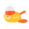 Juguete para perros en forma de pato amarillo con tope naranja y base plana naranja.