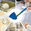 A sliding blue funnel is shown being used to measure protein and milk powder in various containers.