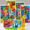 A colorful wooden animal transport puzzle set featuring various animals and shapes arranged in vertical panels.