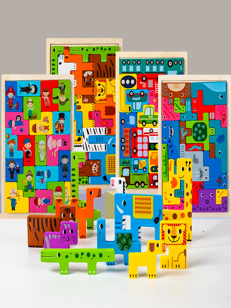 A colorful wooden animal transport puzzle set featuring various animals and shapes arranged in vertical panels.