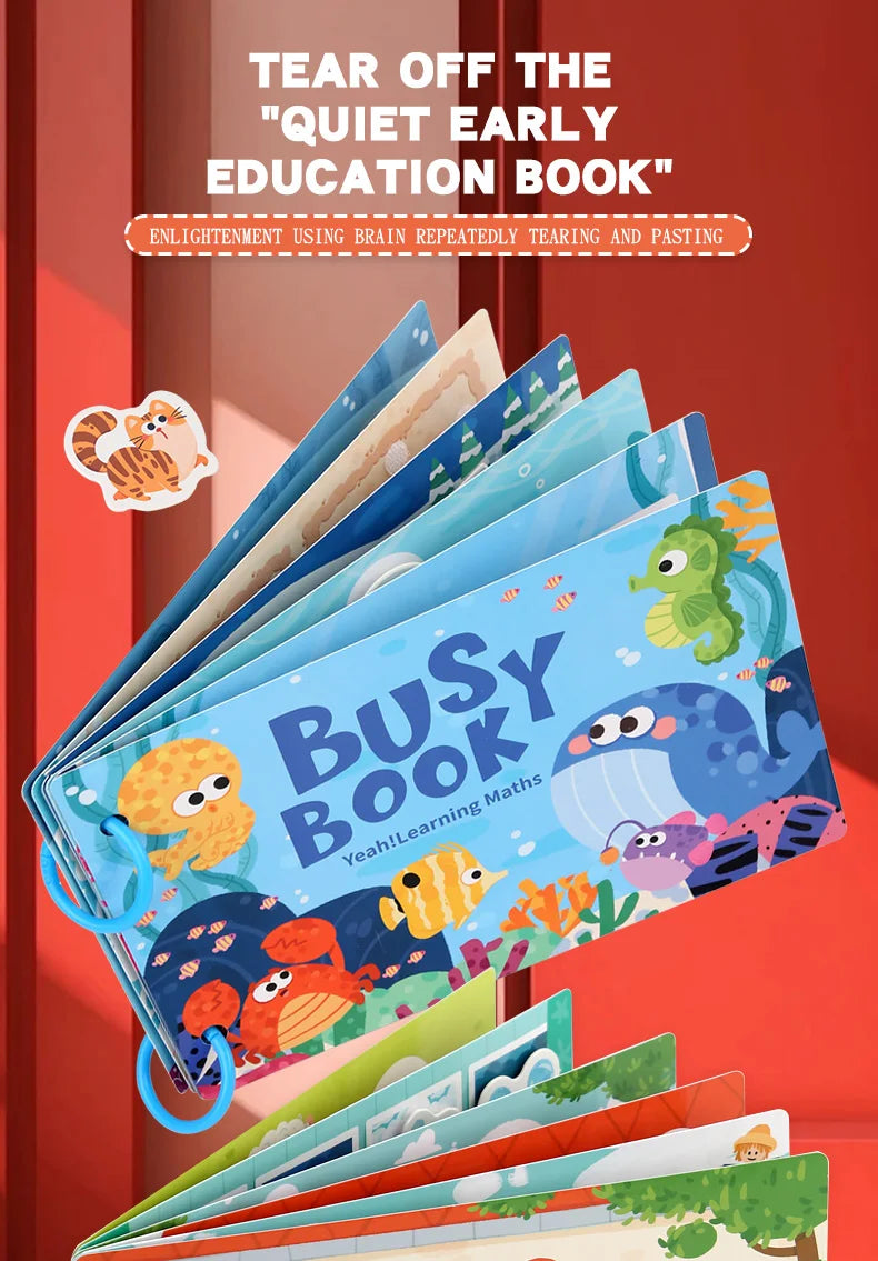 A stack of colorful educational books titled Busy Book for Learning Maths with various illustrations.