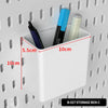 A white storage box with a lid is shown on a pegboard, containing three pens and measuring 10cm long.