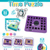 A box and examples of a Time Puzzle game featuring purple and yellow shapes for matching.