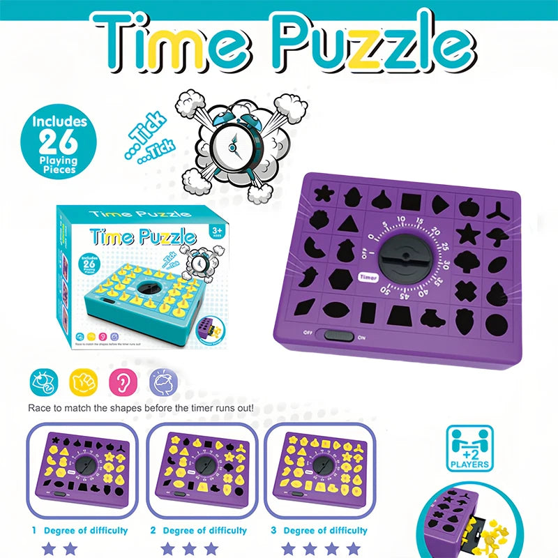 A box and examples of a Time Puzzle game featuring purple and yellow shapes for matching.