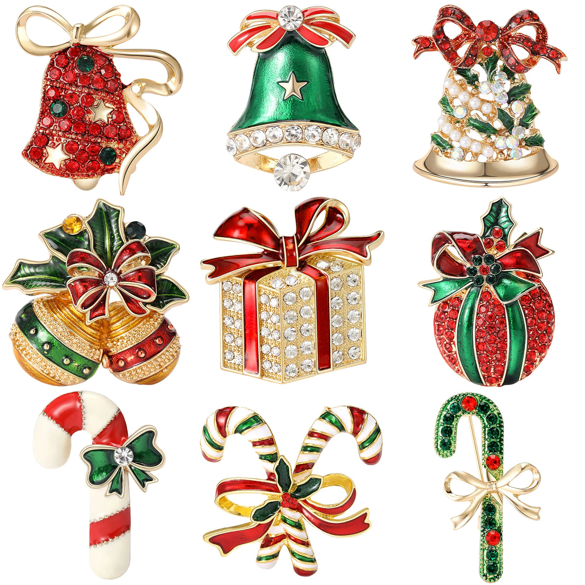 Colección de broches navideños festivos: campana verde, lazo rojo, campana dorada, caja de regalo roja y adorno rojo y verde.