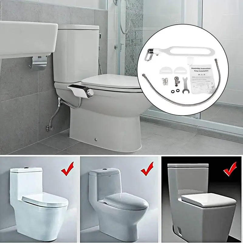 Toilettes blanches avec bidet détachable et différentes buses montrées en détail.