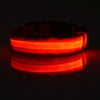 Laisse et collier LED rouges pour chien, en nylon, qui clignotent et ont un liseré phosphorescent, posés sur une surface somb