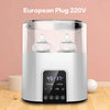 A white electric baby bottle warmer and sterilizer device with a clear glass chamber and digital display.