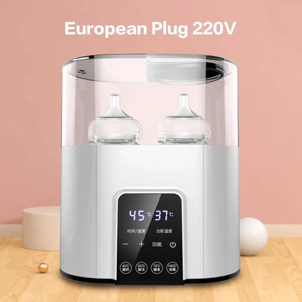 A white electric baby bottle warmer and sterilizer device with a clear glass chamber and digital display.
