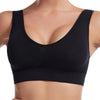 Black breathable plus size sports bra with padded support shown on a model's upper torso.
