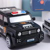 Miniatyr politibilmodell i svart med hvit front, fingeravtrykksaktivert mekanisme og S.W.A.T.-emblem.