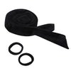 Black heatless curling rod headband rolled into a fabric band with two separate rings.