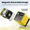 A yellow magnetic retractable charger unit with a clear casing and an internal coiled cable.