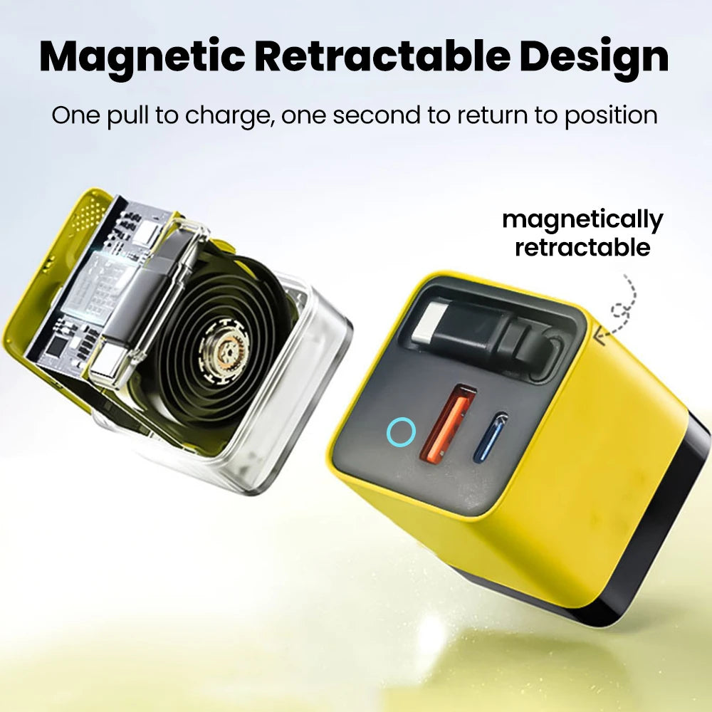 A yellow magnetic retractable charger unit with a clear casing and an internal coiled cable.