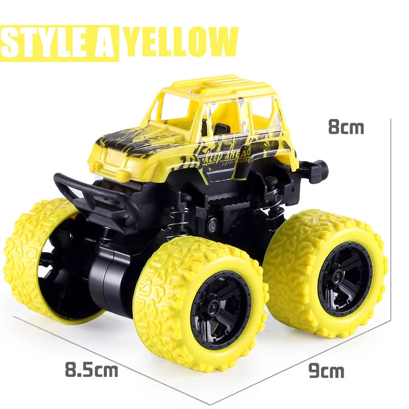 Yellow pull-back stunt SUV toy car with large tires and black body.