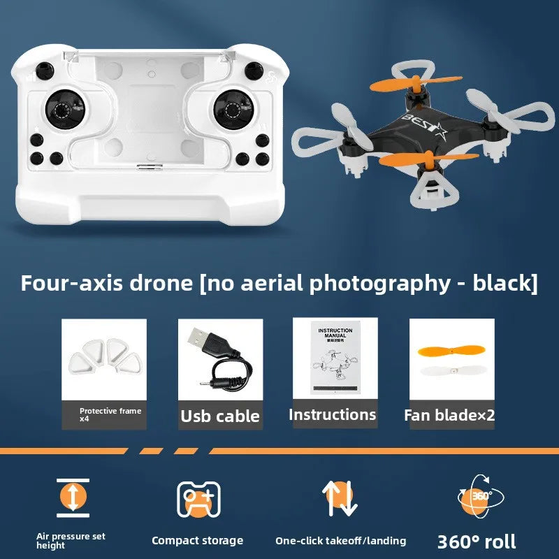 Black four-axis drone with accessories including a protective frame, USB cable, instructions, fan blades, and features like a