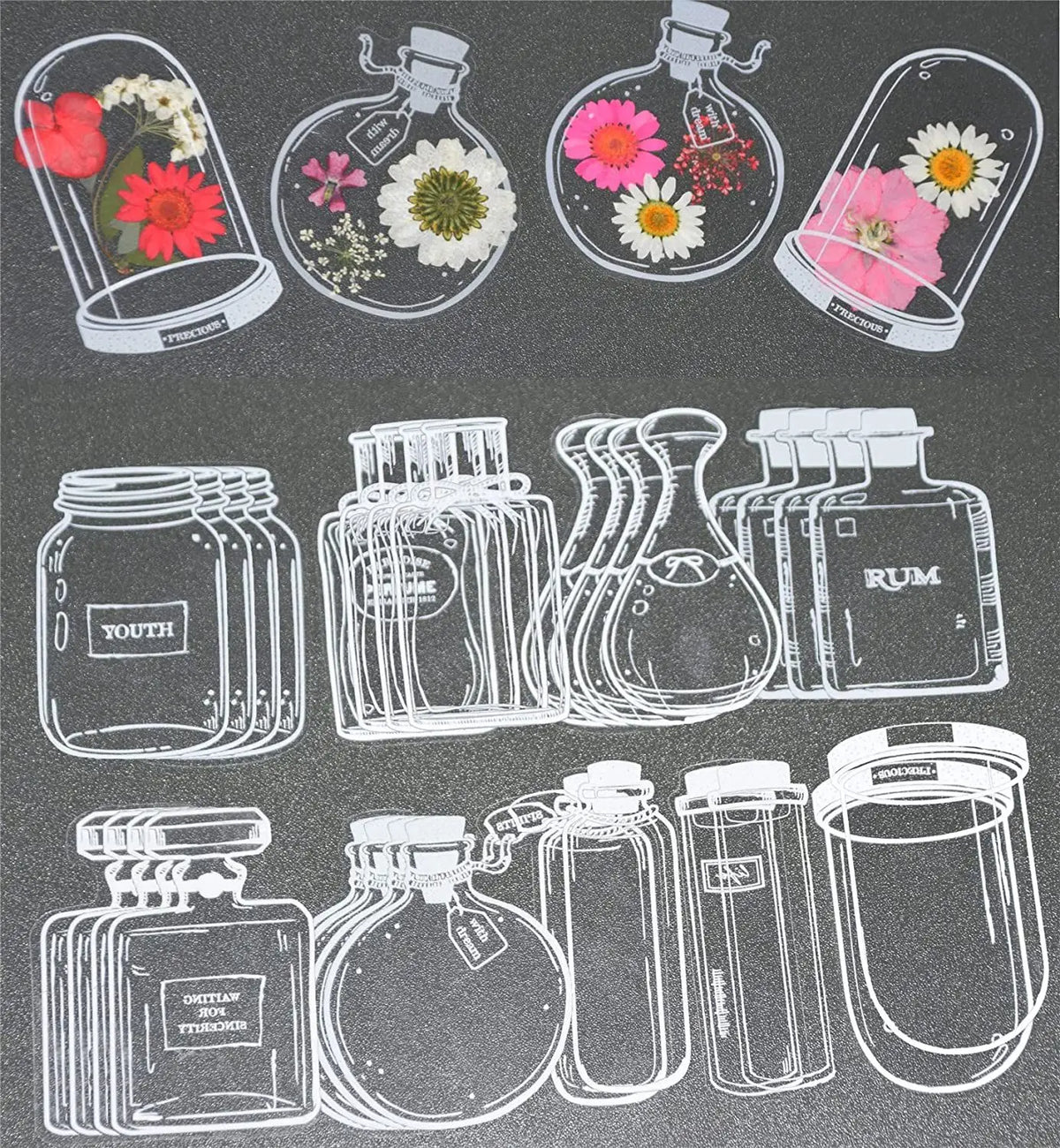A collection of transparent glass bottles and jars filled with dried flowers and various liquids, used as DIY bookmarks.