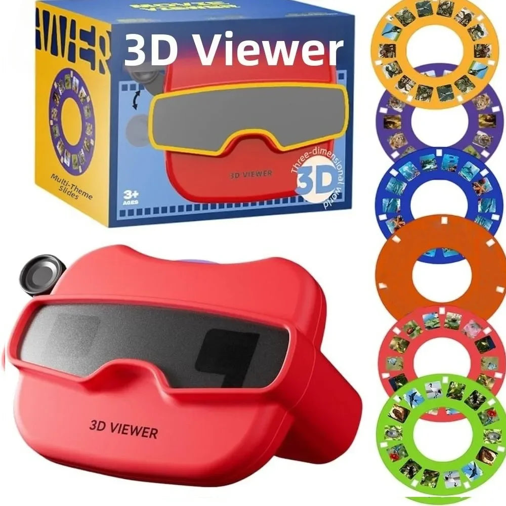 A red 3D viewer device and its accompanying set of 3D film reels.